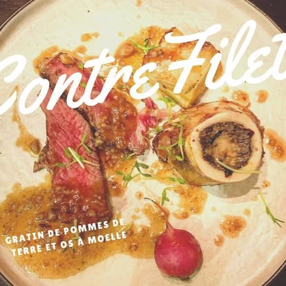 Contre-filet tranché, gratin de pommes de terre et os à moelle